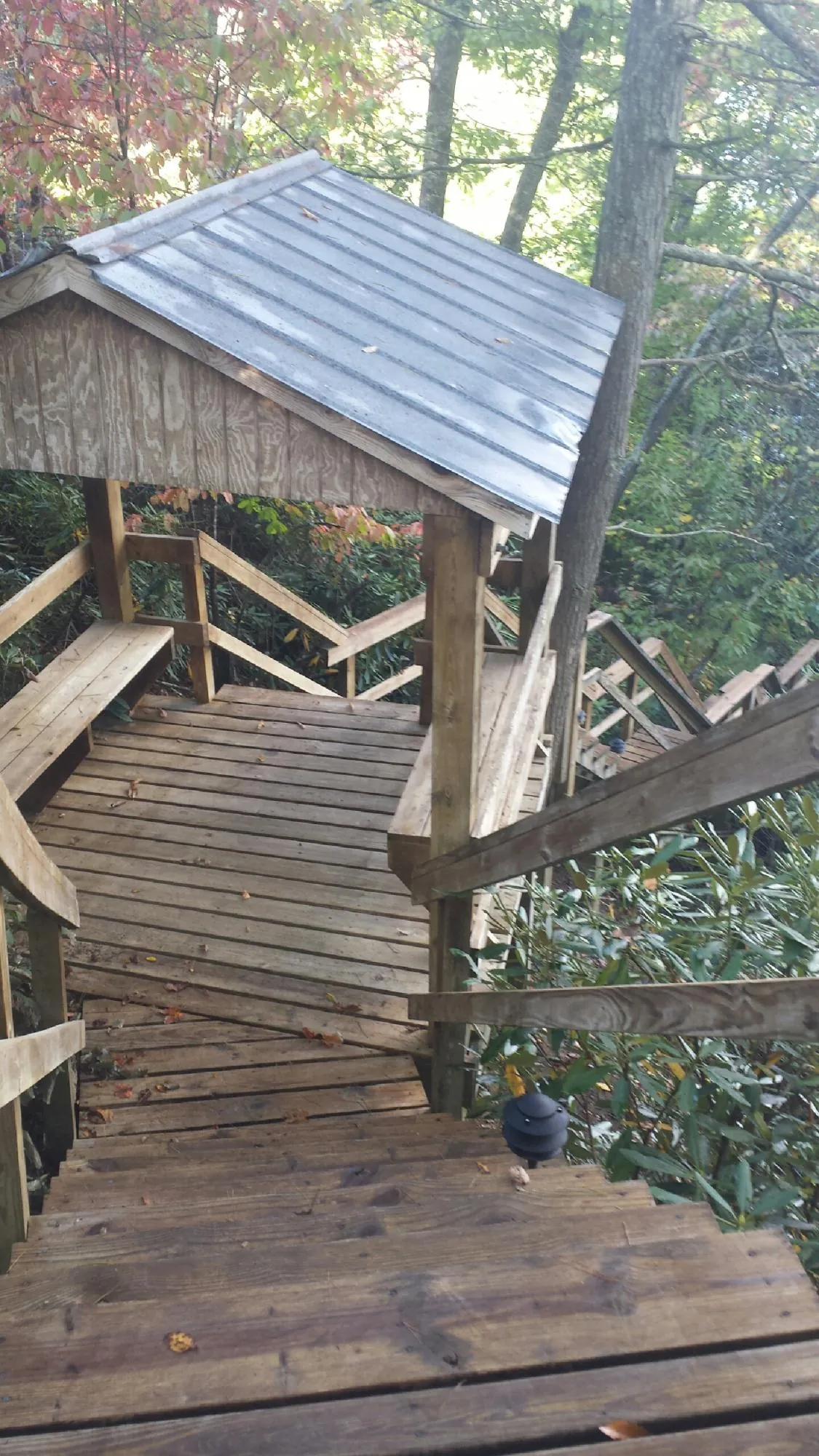 Metal roofed shelter over wooden steps on a wooded walkway — Skylight Repair & Installation work by our crew in Holloway